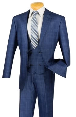 Vinci 2-Button Blue Glenplaid Suit With Low-Cut Vest