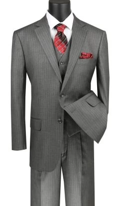 Vinci 2-Button Grey Chalk Stripe Suit With Vest - Classic Fit