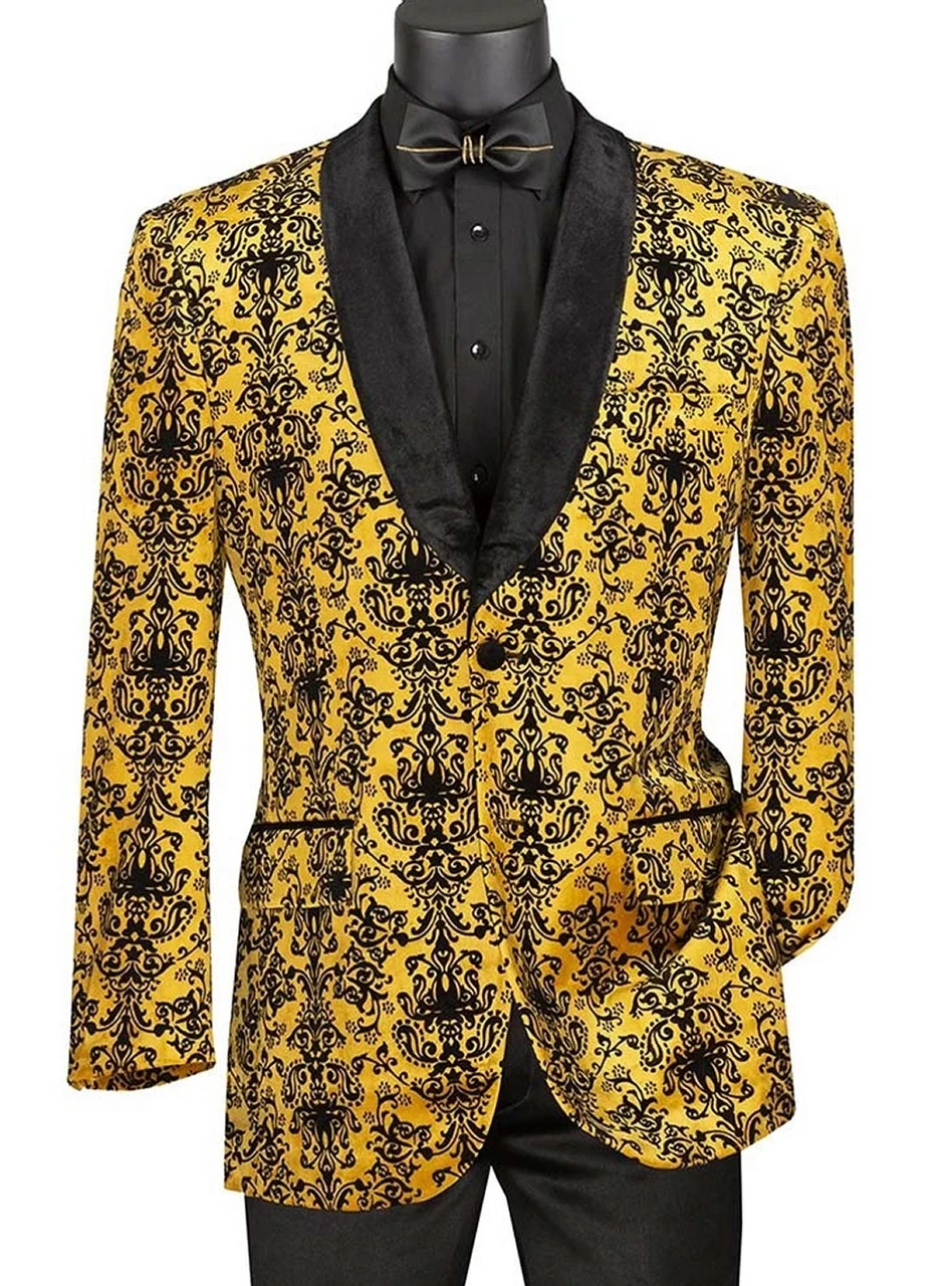 Vinci Gold Embossed Damask Print Velvet Jacket Sportcoat 3 Vinci Gold Embossed Damask Print Velvet Jacket Sportcoat - Image 3