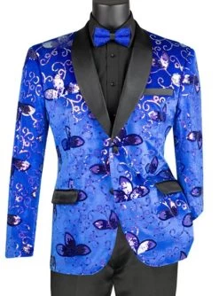 Vinci Blue Velvet Floral Print With Sequins Jacket Sportcoat - Slim Fit