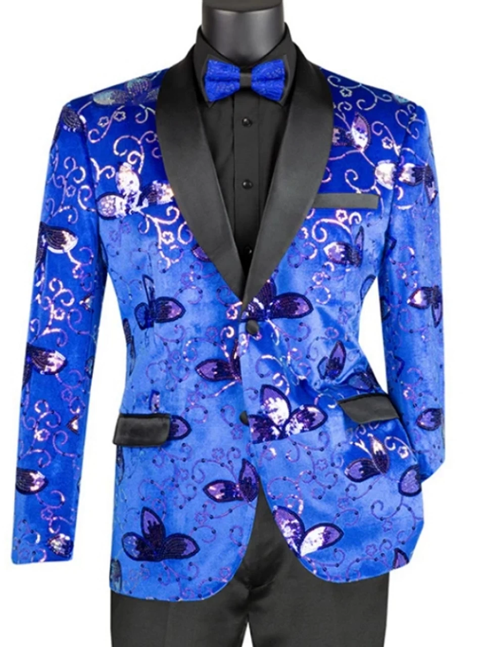 Vinci Blue Velvet Floral Print With Sequins Jacket Sportcoat - Slim Fit 1 Vinci Blue Velvet Floral Print With Sequins Jacket Sportcoat - Slim Fit