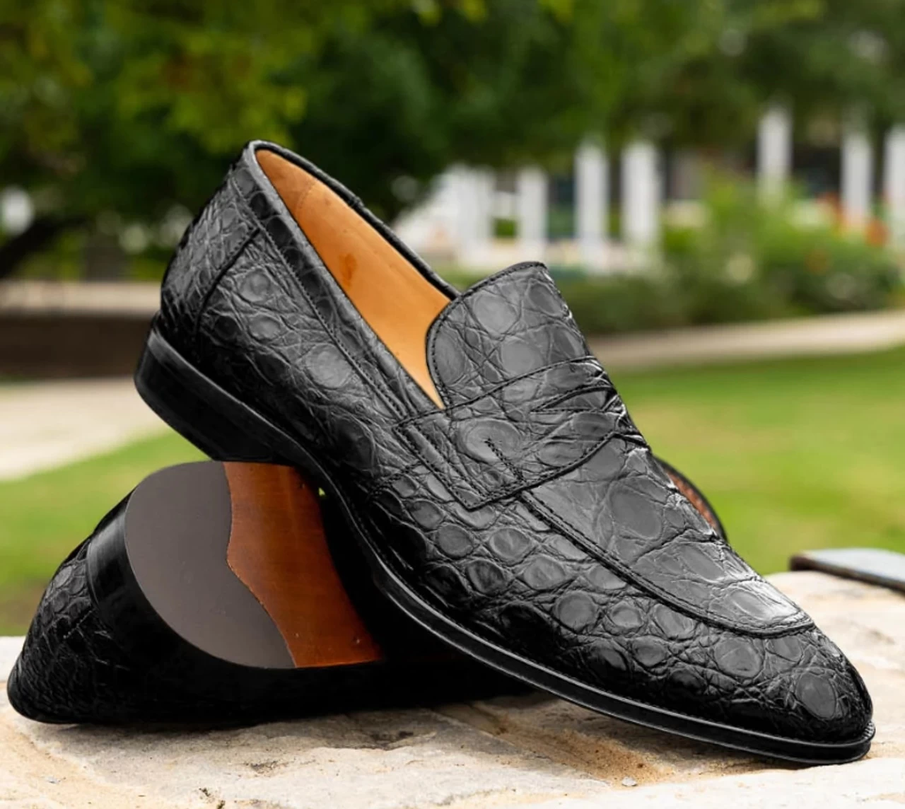 Zelli 100% Caiman Crocodile Italian Penny Long Toe Loafer - Black 8 Zelli 100% Caiman Crocodile Italian Penny Long Toe Loafer - Black - Image 8