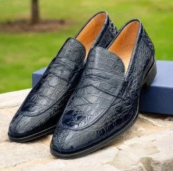 Zelli 100% Caiman Crocodile Italian Penny Long Toe Loafer - Navy Blue -Fashionable Costume ZEL 11 201 BL 7 59772.1675112380