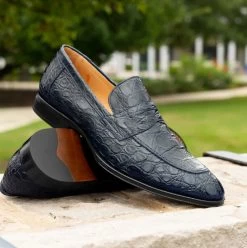 Zelli 100% Caiman Crocodile Italian Penny Long Toe Loafer - Navy Blue -Fashionable Costume ZEL 11 201 BL 8 62680.1675112380
