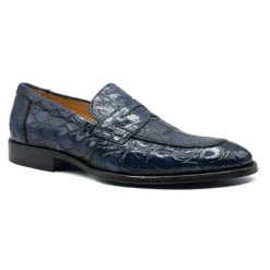 Zelli 100% Caiman Crocodile Italian Penny Long Toe Loafer - Navy Blue -Fashionable Costume ZEL 11 201 BL 34697.1675112359