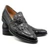 Zelli 100% Caiman Crocodile Italian Penny Long Toe Loafer - Black