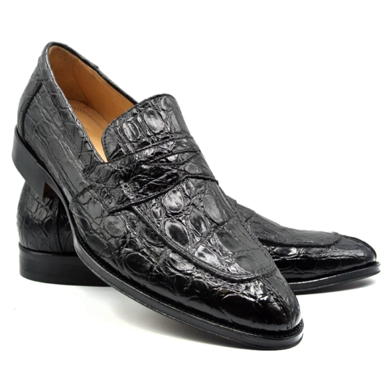 Zelli 100% Caiman Crocodile Italian Penny Long Toe Loafer - Black 1 Zelli 100% Caiman Crocodile Italian Penny Long Toe Loafer - Black