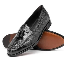 Zelli 100% Caiman Crocodile Italian Tassel Loafer - Black