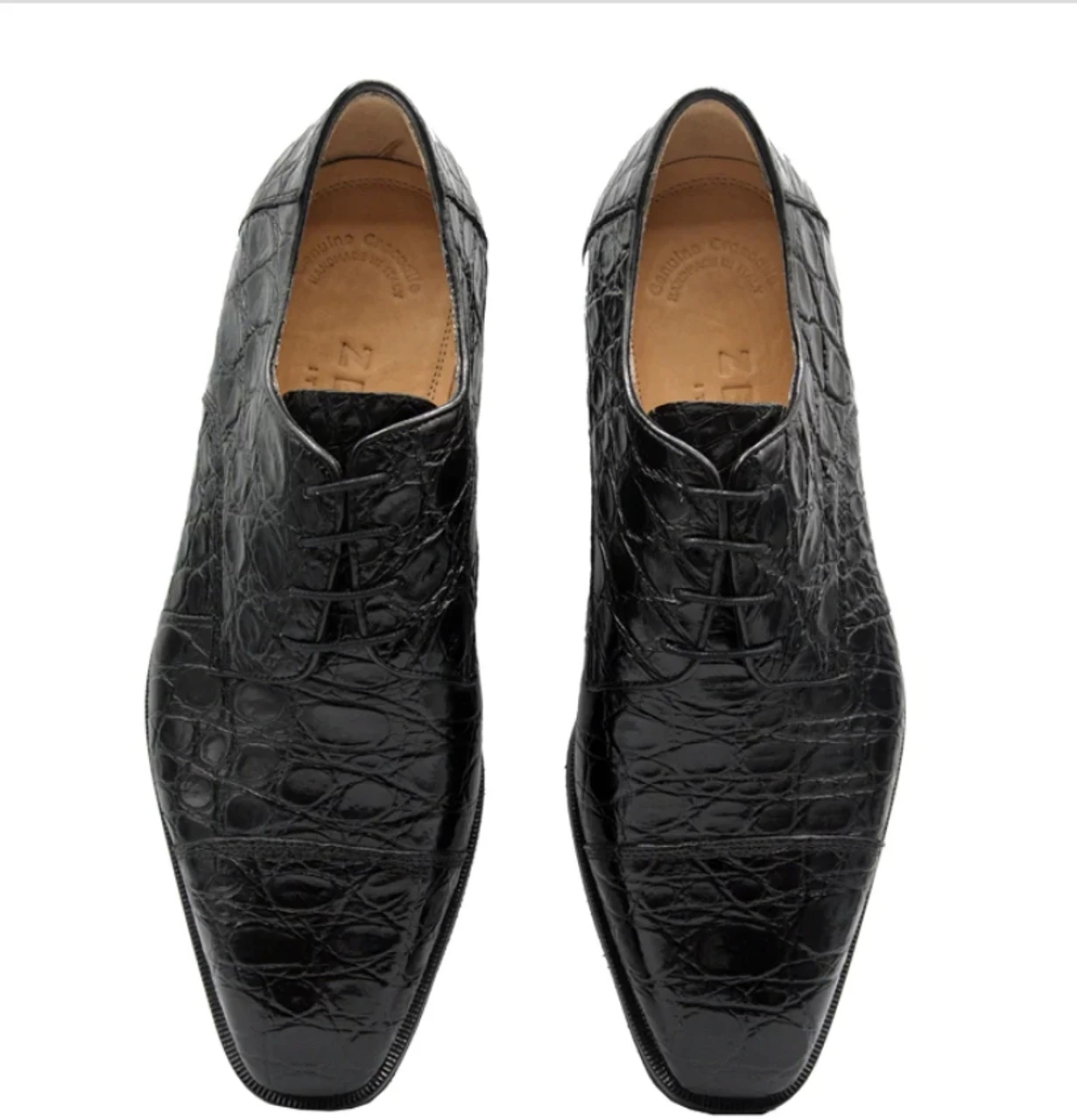 Zelli 100% Caiman Crocodile Italian Lace Up Cap Toe - Black 3 Zelli 100% Caiman Crocodile Italian Lace Up Cap Toe - Black - Image 3