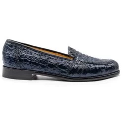 Zelli 100% Caiman Crocodile Italian Penny Loafer - Navy Blue