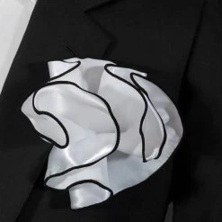 White Satin 2-in-1 Pouf Round Pocket Square With Black Trim