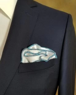 Antonio Ricci 2-in-1 Pouf Round Pocket Square - Grey & Blue Color On White -Fashionable Costume teal2 08384.1581027863