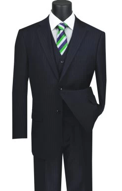 Vinci 2-Button Navy Chalk Stripe Suit With Vest - Classic Fit